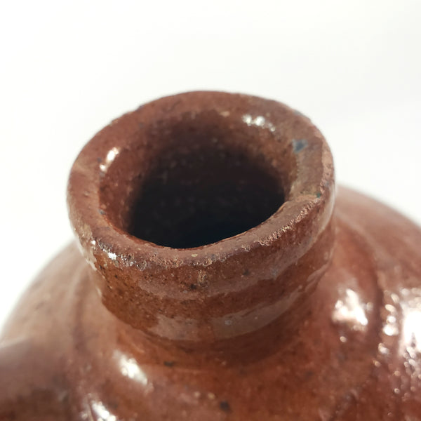 Antique Glazed Redware Handled Jug Orangish-Brown 2 Quarts Worn Primitive Decor