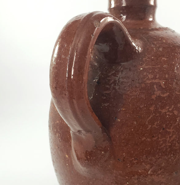 Antique Glazed Redware Handled Jug Orangish-Brown 2 Quarts Worn Primitive Decor