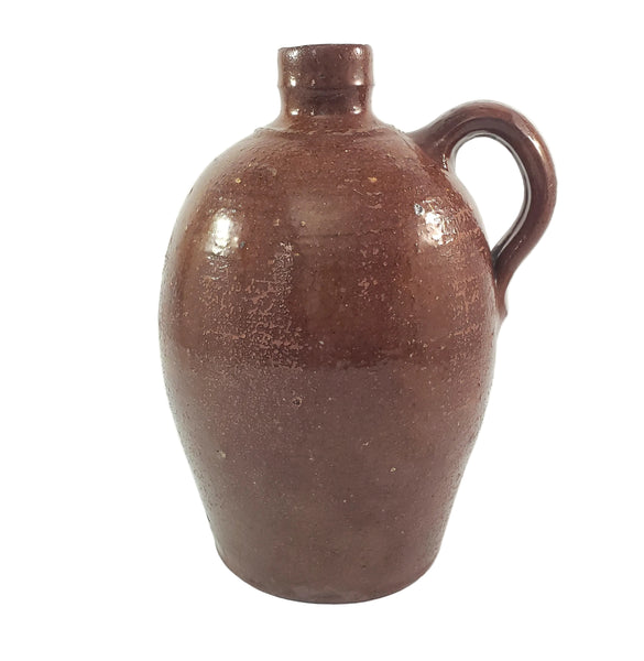 Antique Glazed Redware Handled Jug Orangish-Brown 2 Quarts Worn Primitive Decor
