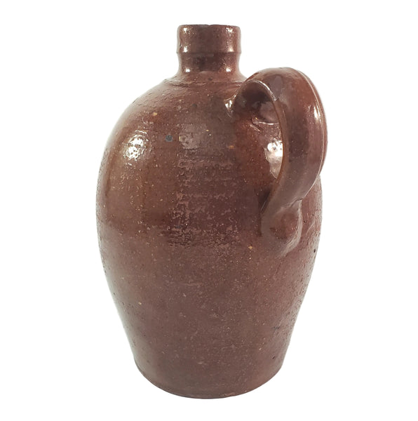 Antique Glazed Redware Handled Jug Orangish-Brown 2 Quarts Worn Primitive Decor