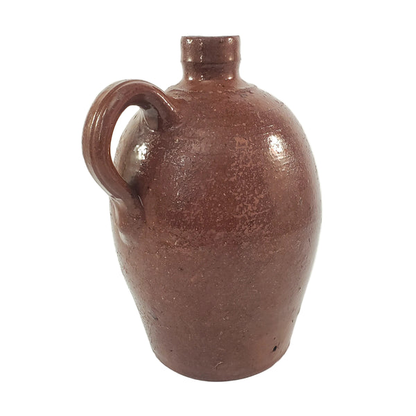 Antique Glazed Redware Handled Jug Orangish-Brown 2 Quarts Worn Primitive Decor