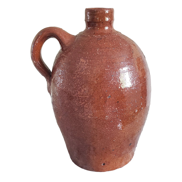 Antique Glazed Redware Handled Jug Orangish-Brown 2 Quarts Worn Primitive Decor