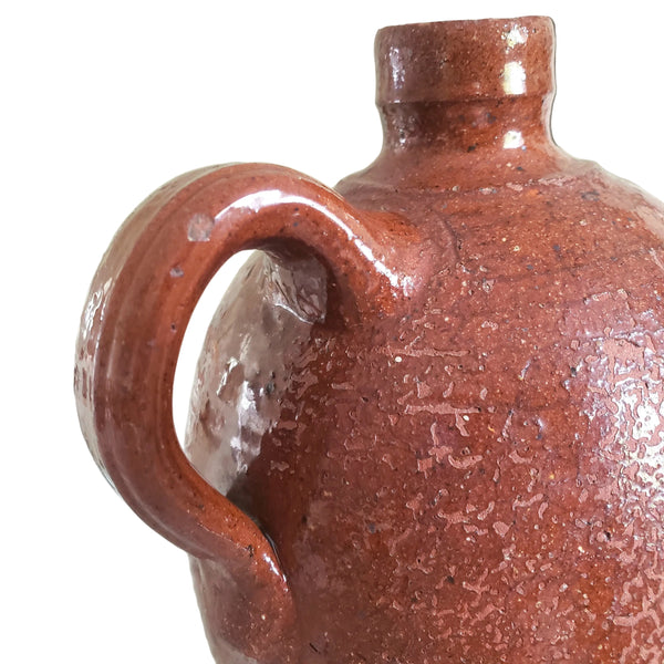 Antique Glazed Redware Handled Jug Orangish-Brown 2 Quarts Worn Primitive Decor