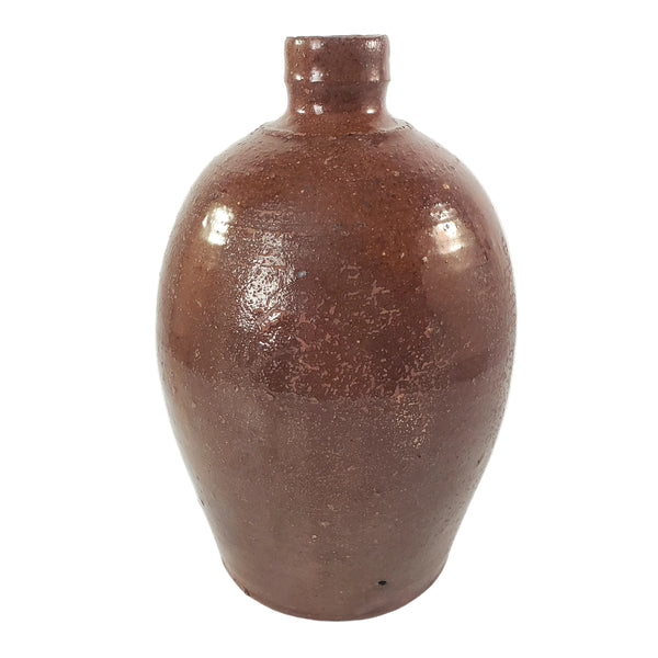Antique Glazed Redware Handled Jug Orangish-Brown 2 Quarts Worn Primitive Decor