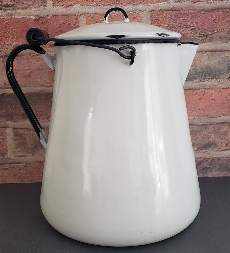 Vintage Large White Enamelware Chuckwagon Cowboy Coffee Pot 3 Gallon