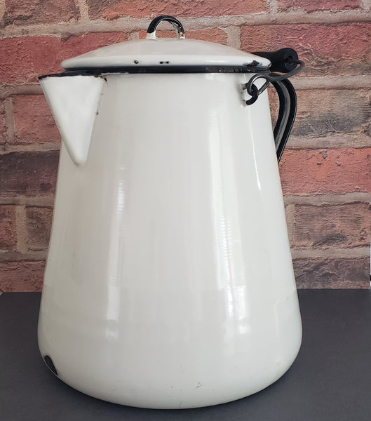 Vintage Large White Enamelware Chuckwagon Cowboy Coffee Pot 3 Gallon