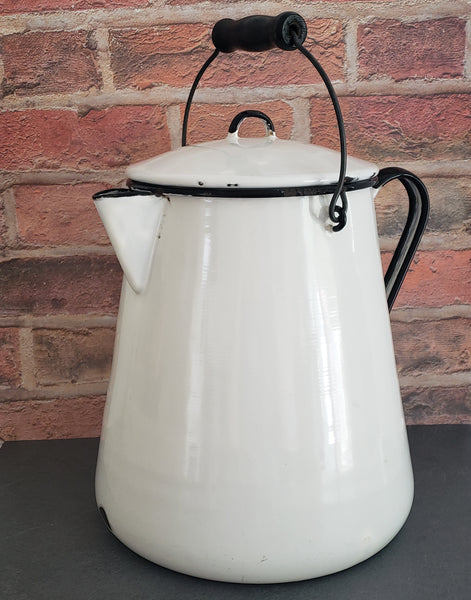 Vintage Large White Enamelware Chuckwagon Cowboy Coffee Pot 3 Gallon