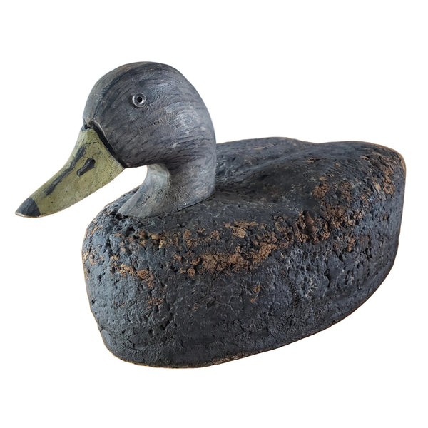 Vintage Cork Duck Decoy Wooden Head Glass Eyes Charred Finish 19" Long Signed