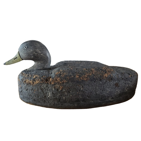 Vintage Cork Duck Decoy Wooden Head Glass Eyes Charred Finish 19" Long