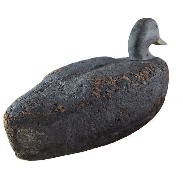 Vintage Cork Duck Decoy Wooden Head Glass Eyes Charred Finish 19" Long Signed