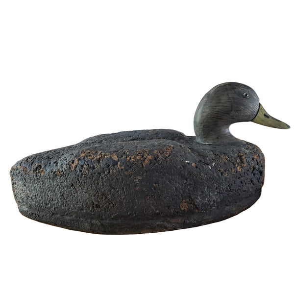 Vintage Cork Duck Decoy Wooden Head Glass Eyes Charred Finish 19" Long Signed