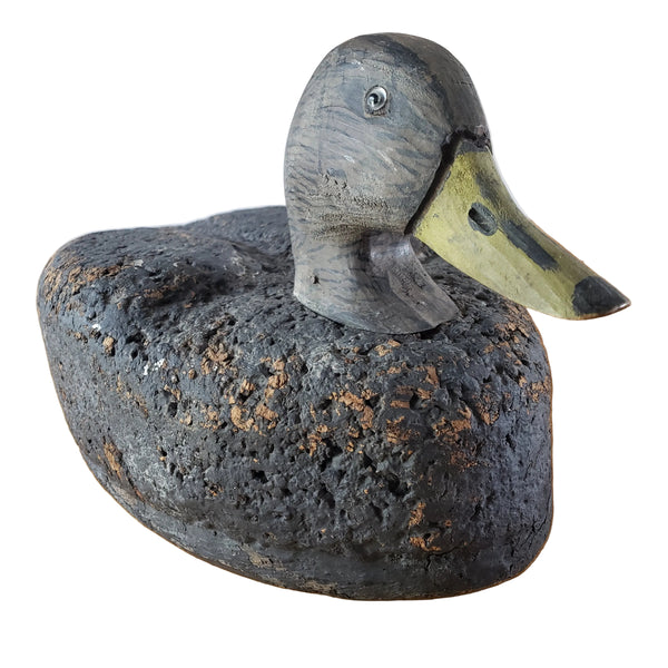 Vintage Cork Duck Decoy Wooden Head Glass Eyes Charred Finish 19" Long Signed