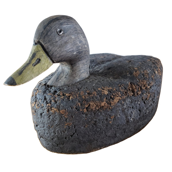 Vintage Cork Duck Decoy Wooden Head Glass Eyes Charred Finish 19" Long Signed