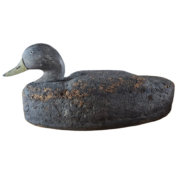 Vintage Cork Duck Decoy Wooden Head Glass Eyes Charred Finish 19" Long Signed