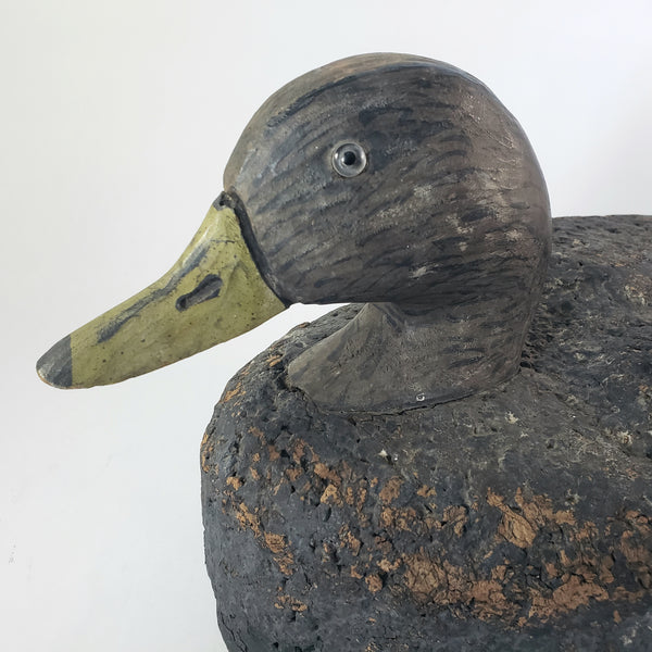 Vintage Cork Duck Decoy Wooden Head Glass Eyes Charred Finish 19" Long Signed