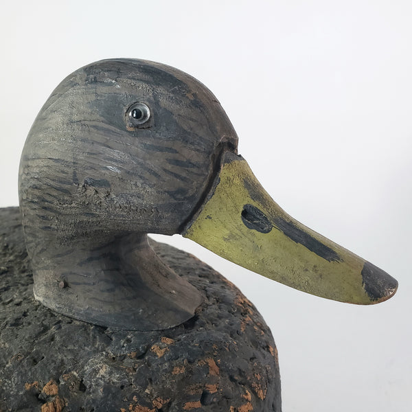 Vintage Cork Duck Decoy Wooden Head Glass Eyes Charred Finish 19" Long Signed
