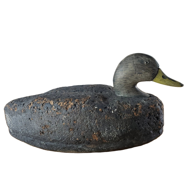 Vintage Cork Duck Decoy Wooden Head Glass Eyes Charred Finish 19" Long Signed