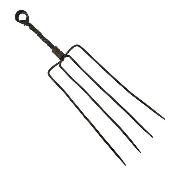 Antique Hand-Forged 4-Tine Hearth Fork Twisted Loop Handle Early Kitchen Tool