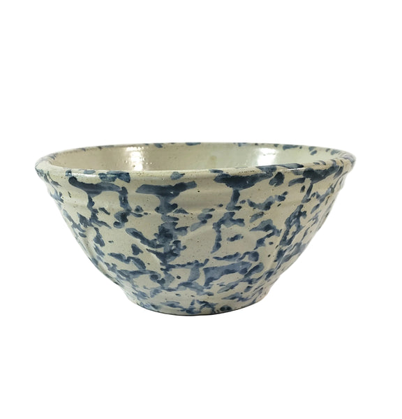 Antique Stoneware Mixing Bowl Cobalt Blue Spongeware Farmhouse Kitchen