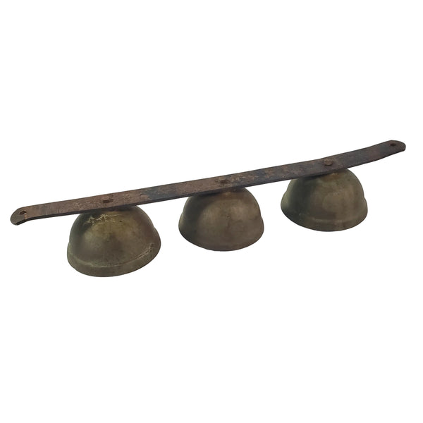 Vintage Rustic Brass Carriage Sleigh Bells Triple Clapper on Metal Strap 10 3/4"