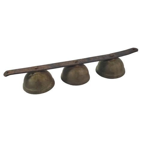 Vintage Rustic Brass Carriage Sleigh Bells Triple Clapper on Metal Strap 10 3/4"
