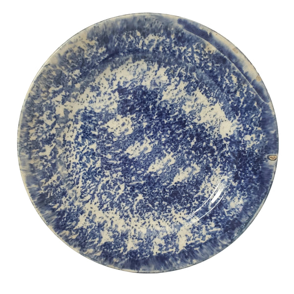 Primitive 19th Century Blue Spongeware Plate 9" Crazing Early Potters Repair