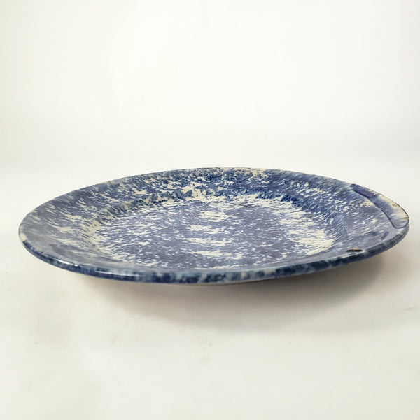 Primitive 19th Century Blue Spongeware Plate 9" Crazing Early Potters Repair