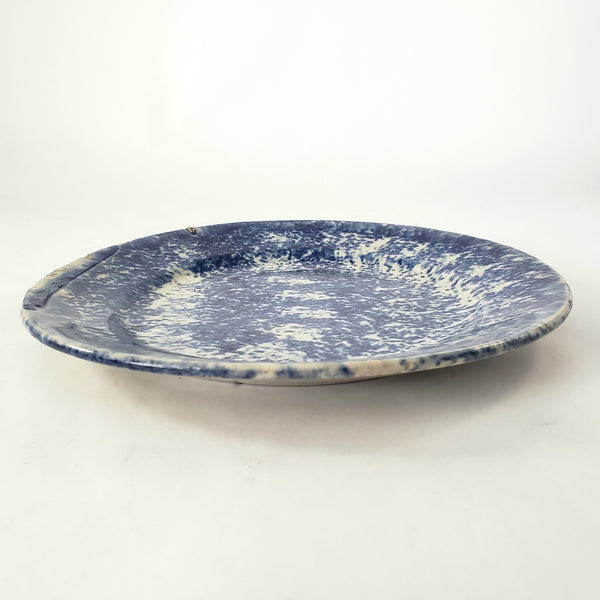 Primitive 19th Century Blue Spongeware Plate 9" Crazing Early Potters Repair