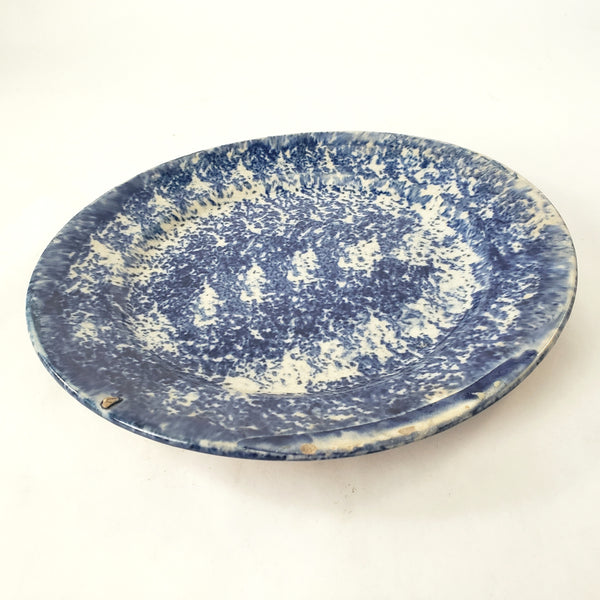 Primitive 19th Century Blue Spongeware Plate 9" Crazing Early Potters Repair