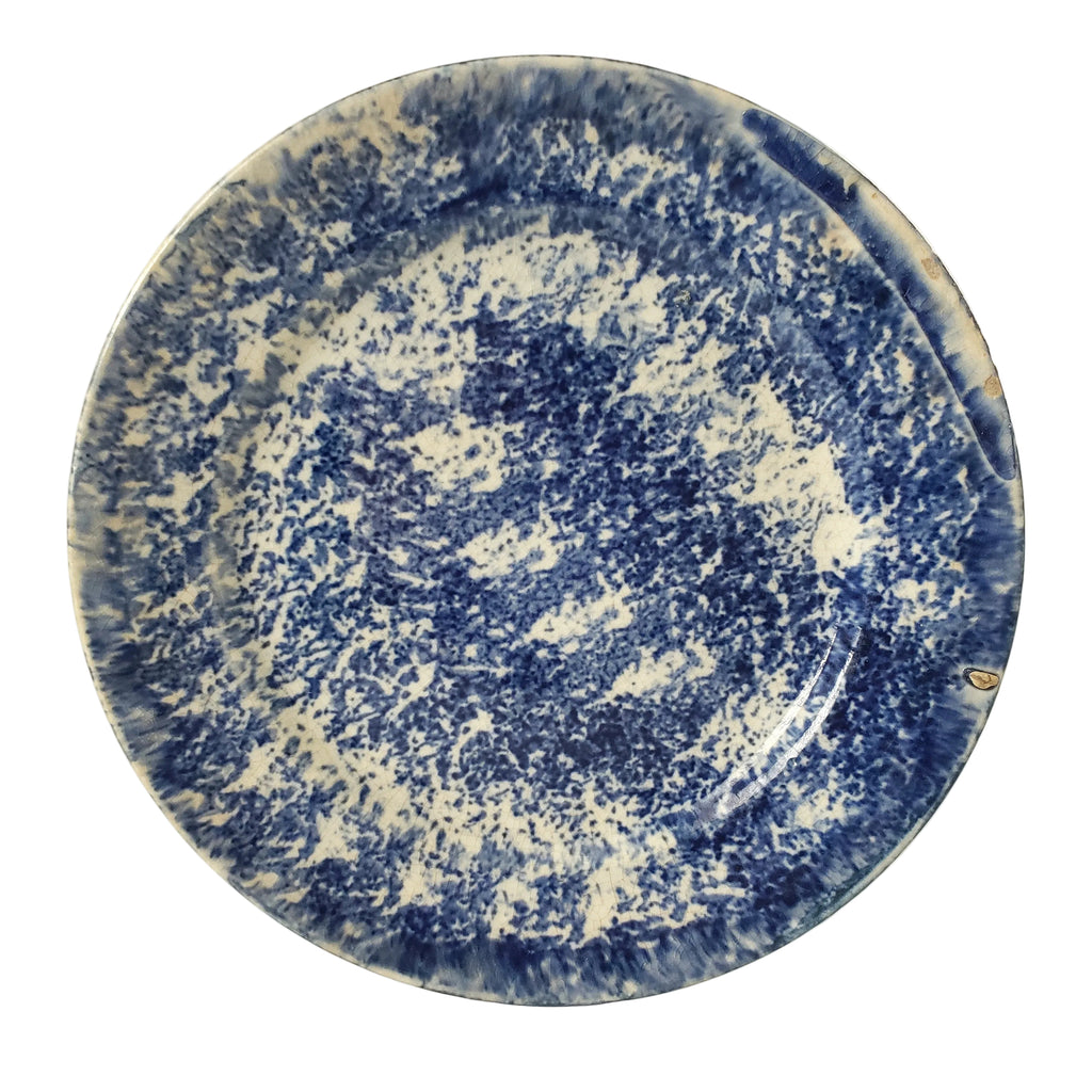 Primitive 19th Century Blue Spongeware Plate 9" Crazing Early Potters Repair