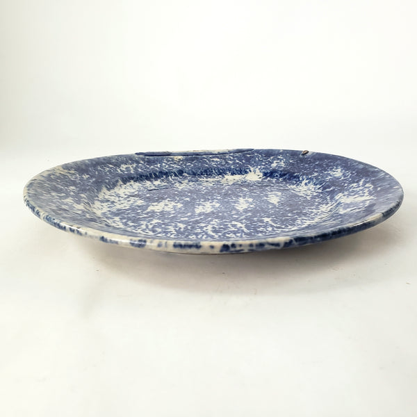 Primitive 19th Century Blue Spongeware Plate 9" Crazing Early Potters Repair