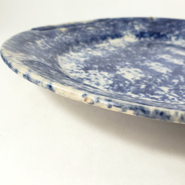 Primitive 19th Century Blue Spongeware Plate 9" Crazing Early Potters Repair