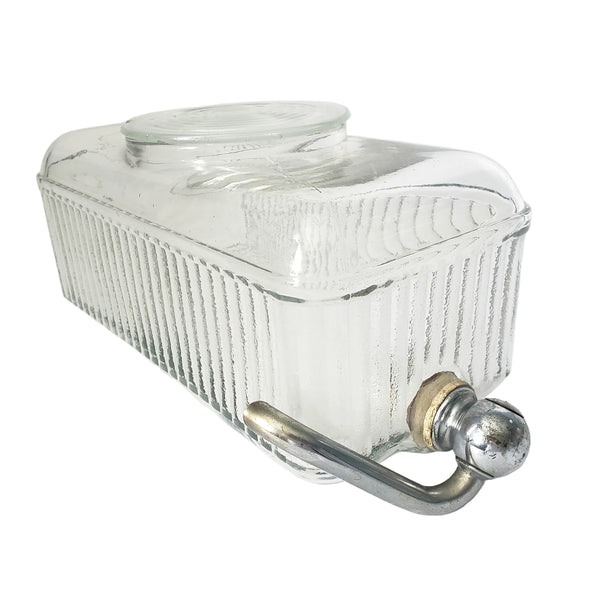 Vintage 1930s Ribbed Glass Rectangular Refrigerator Water Dispenser with Lid
