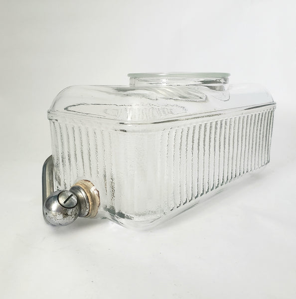 Vintage 1930s Ribbed Glass Rectangular Refrigerator Water Dispenser with Lid