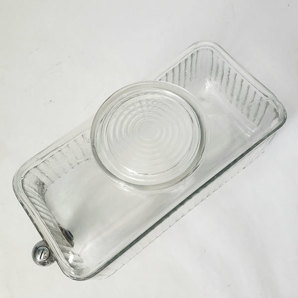 Vintage 1930s Ribbed Glass Rectangular Refrigerator Water Dispenser with Lid