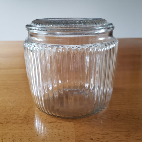 Vintage Clear Ribbed Glass Biscuit Canister Jar with Drop-on Lid