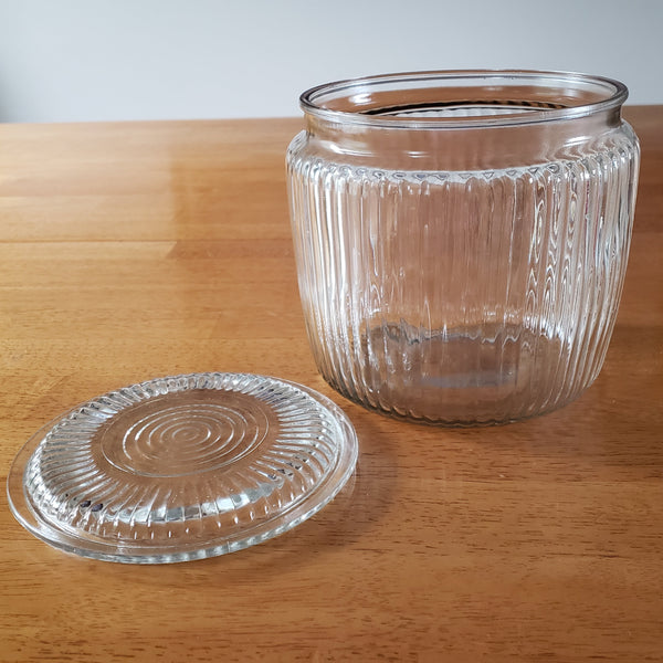 Vintage Clear Ribbed Glass Biscuit Canister Jar with Drop-on Lid