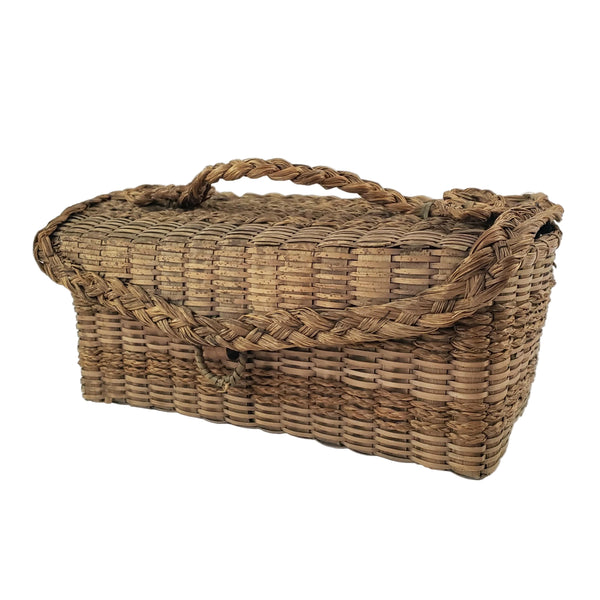 Antique Handcrafted Wicker Woven Small Lidded Sewing Basket Braided Handle