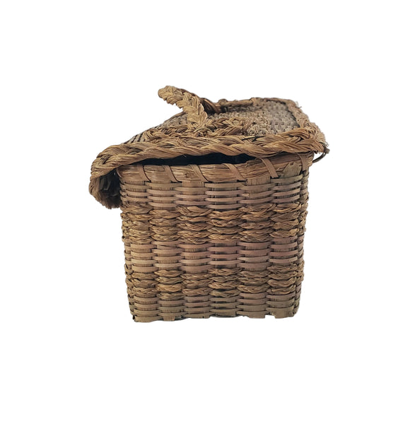 Antique Handcrafted Wicker Woven Small Lidded Sewing Basket Braided Handle