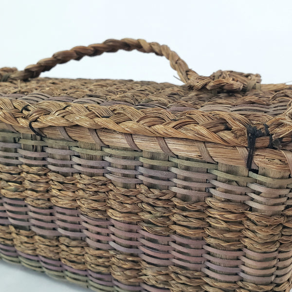 Antique Handcrafted Wicker Woven Small Lidded Sewing Basket Braided Handle