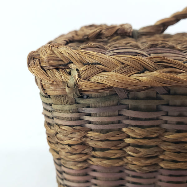 Antique Handcrafted Wicker Woven Small Lidded Sewing Basket Braided Handle