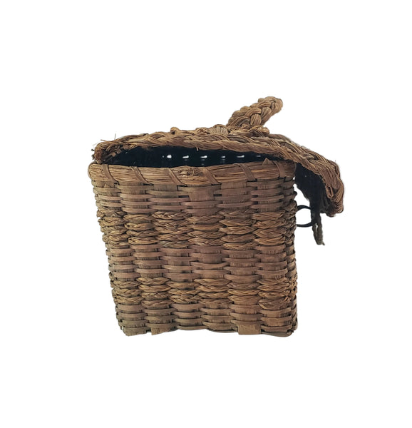 Antique Handcrafted Wicker Woven Small Lidded Sewing Basket Braided Handle