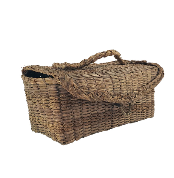 Antique Handcrafted Wicker Woven Small Lidded Sewing Basket Braided Handle