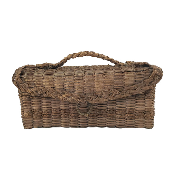 Antique Handcrafted Wicker Woven Small Lidded Sewing Basket Braided Handle
