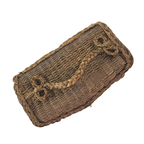 Antique Handcrafted Wicker Woven Small Lidded Sewing Basket Braided Handle