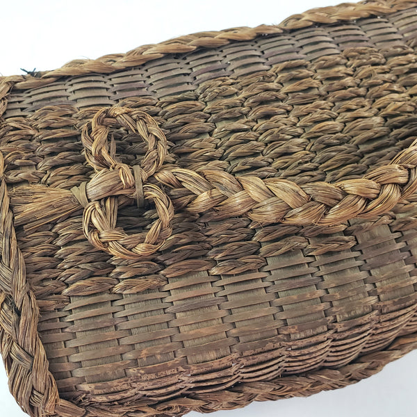 Antique Handcrafted Wicker Woven Small Lidded Sewing Basket Braided Handle