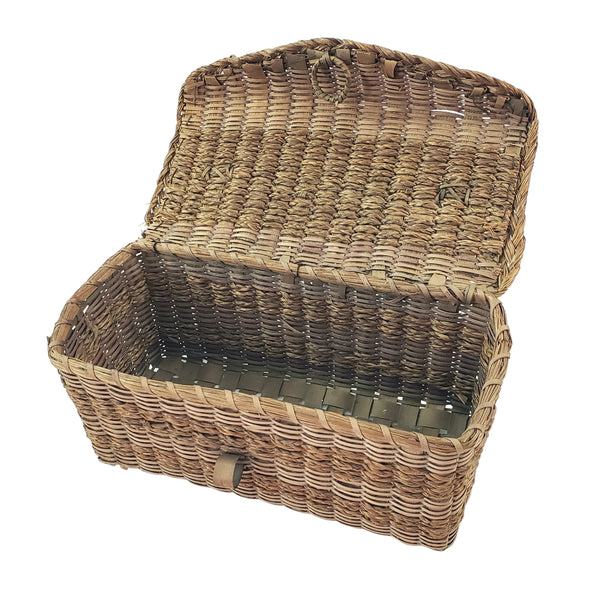 Antique Handcrafted Wicker Woven Small Lidded Sewing Basket Braided Handle