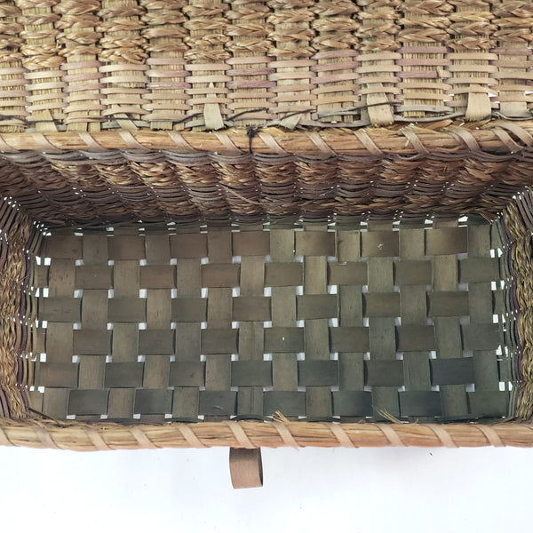 Antique Handcrafted Wicker Woven Small Lidded Sewing Basket Braided Handle