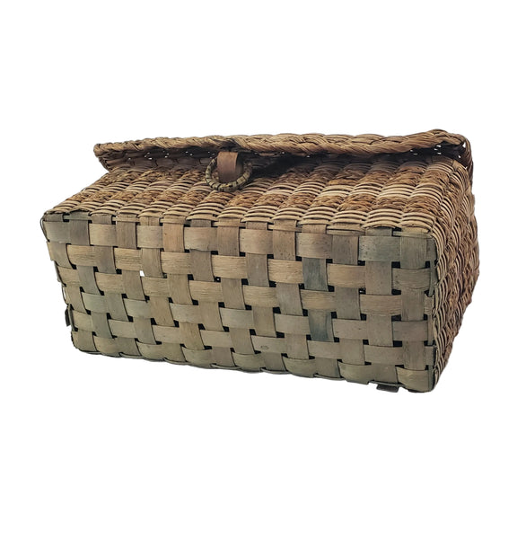 Antique Handcrafted Wicker Woven Small Lidded Sewing Basket Braided Handle