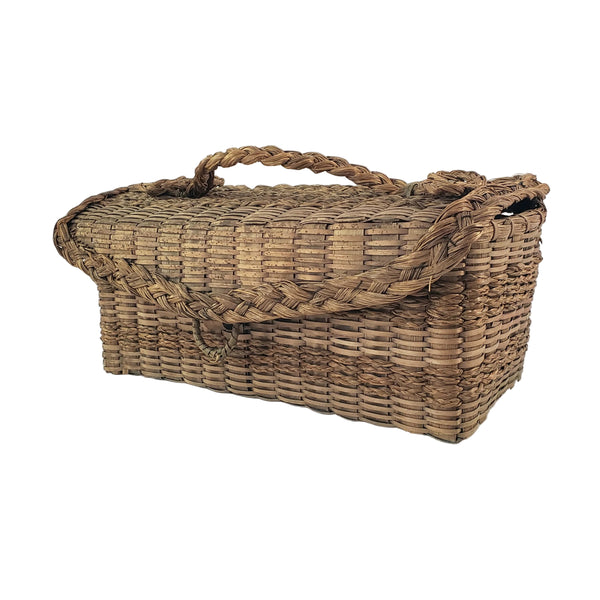 Antique Handcrafted Wicker Woven Small Lidded Sewing Basket Braided Handle